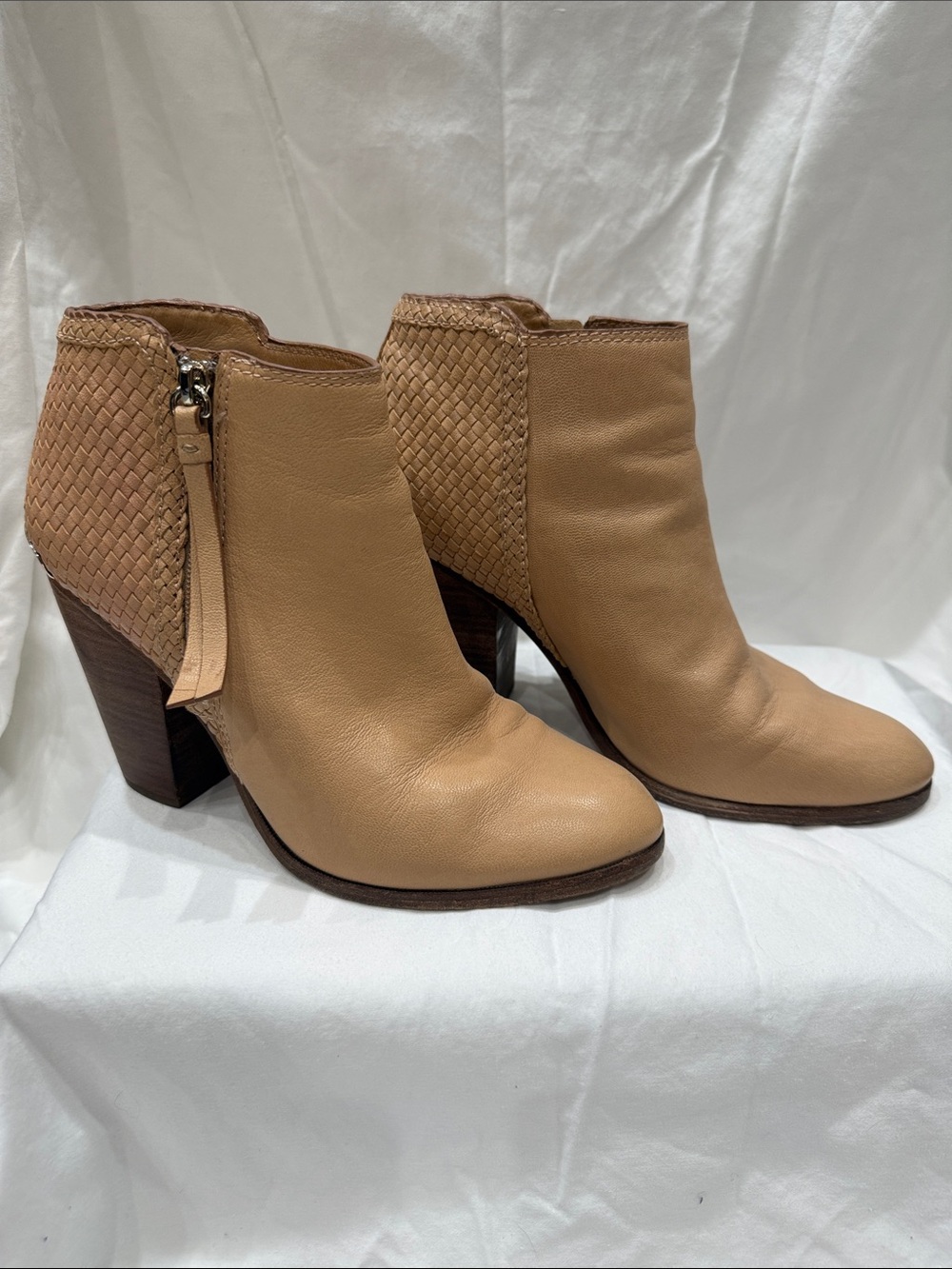 Coach Heidi Tan Leather Woven Chunky Booties Block Heel